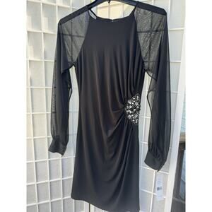 Eliza J Black Sheer Mesh Long Sleeve Embellished Ruched Cocktail Dress Size 6